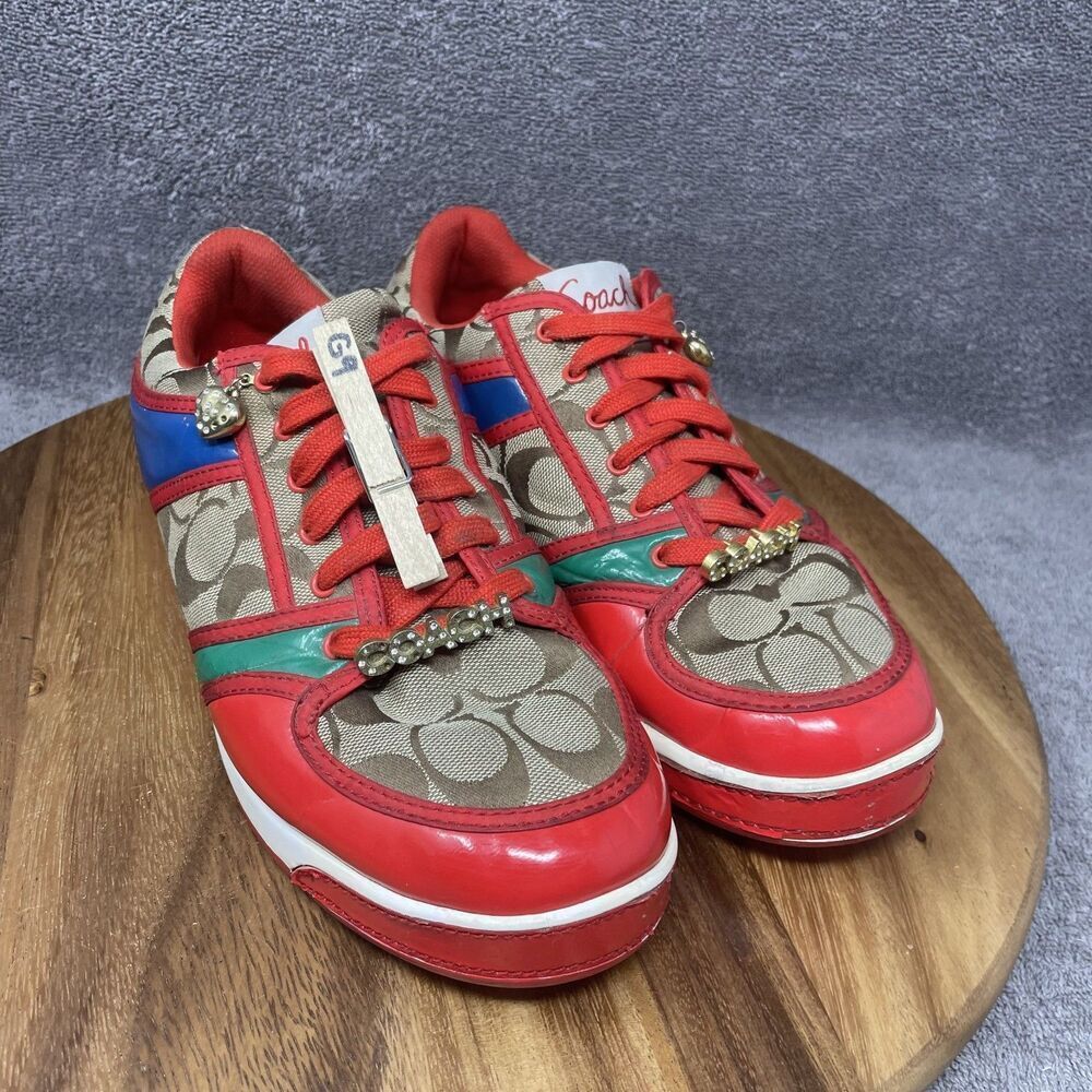 VTG Coach Sneakers Oriana Women's Size 9.5 Rhinestones Charms Logo Red Khaki Y2K - Picture 9 of 9